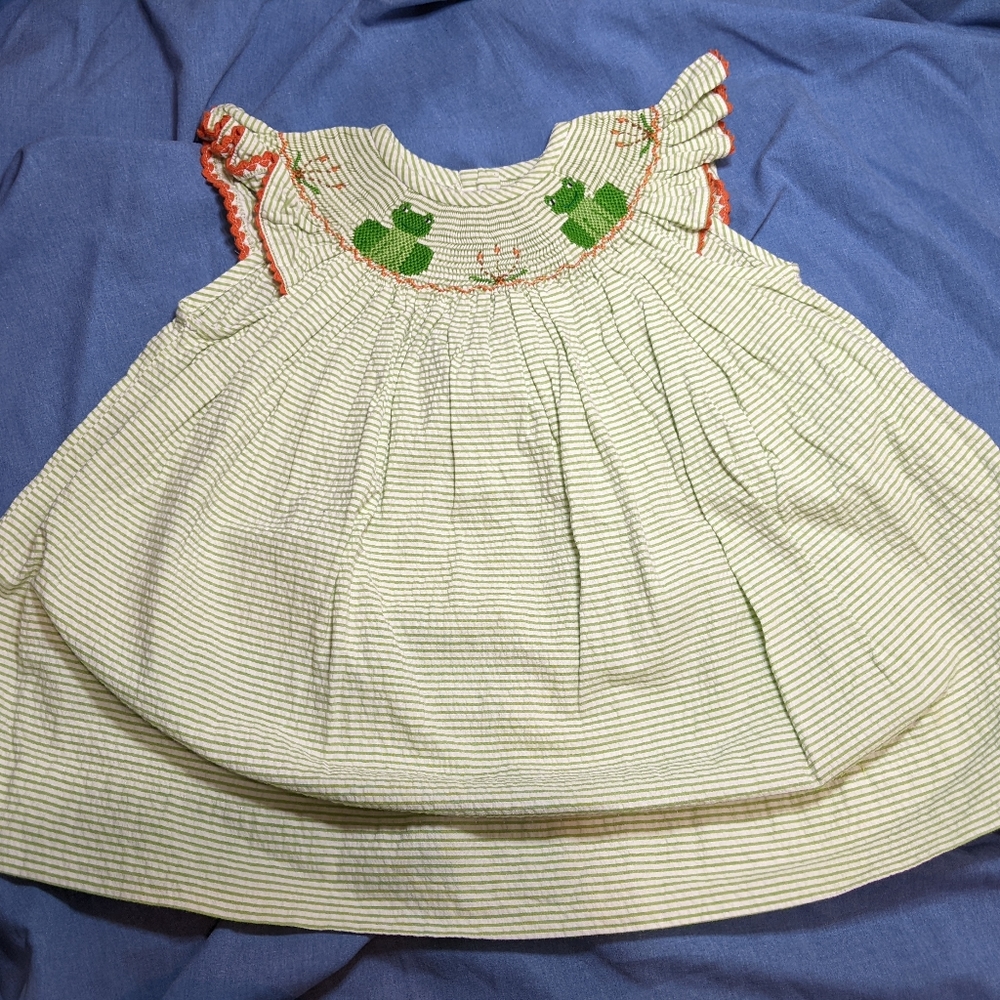 Smocked Neck Baby Girl Dress with Frogs | Beth Terrell | 12M